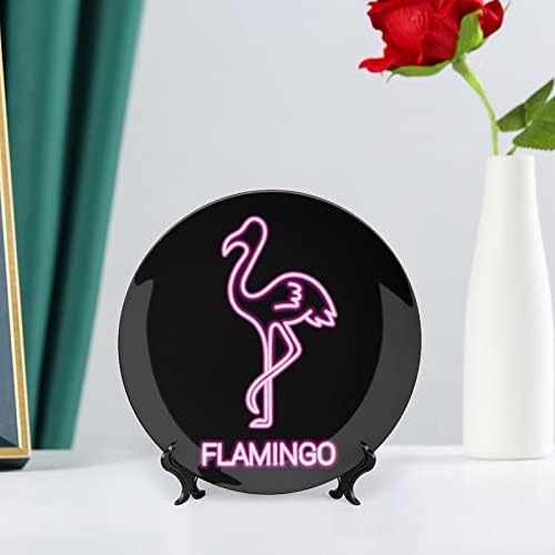 Flamingo Neon Fény Vicces porcelán Díszítő Tányér Kerek Kerámia lapok Kézműves Display Állvány Home Office Fali Dekoráció