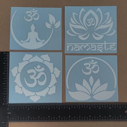 Om (Aum) Matrica 4 Csomag: Meditáció, Om, Om Szimbólum Virág, Lótusz Namaste, OM Lotus Kör (Fehér, Nagy ~5)