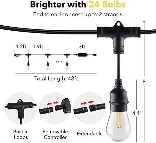 BN-LINK 48ft Szabadtéri String Világítás-Okos Kívül String-Lámpák, 24 LED-es Izzók Szabályozható & Törhetetlen, 2.4 GHz Wi-Fi