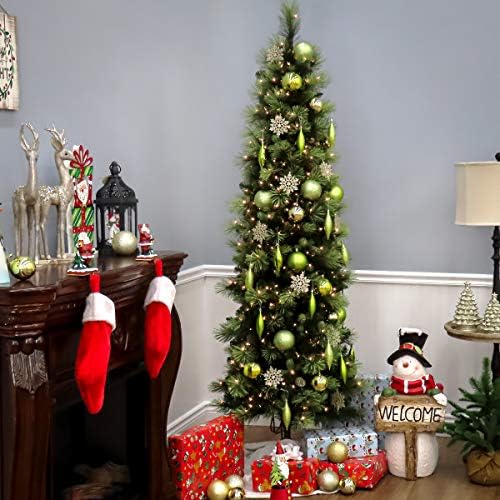 Nemzeti Fa Cég Előre világít Mesterséges karácsonyfa | Tartalmazza Előre kifeszített Fehér Fény Állvány | Karolina Fenyőfa Slim - 7.5