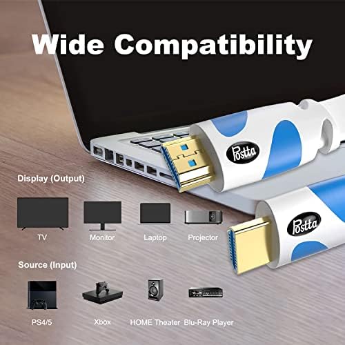 Postta Lapos HDMI Kábel-100 Láb 4K HDMI2.0 Kábel, Beépített jelerősítő Támogatja a 4K(2160P),3D-s,1080P,Ethernet,Audio Return(Fehér-világoskék)