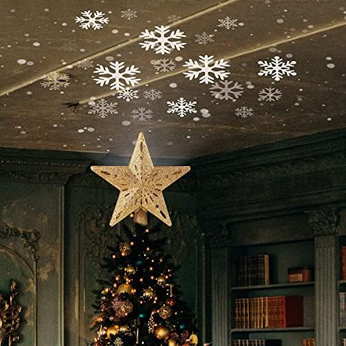 Karácsonyi Csillag csúcsdíszt, Beépített Led Hópehely Projektor Lámpák Kivájt Pentagram csúcsdíszt,Csatlakoztassa a karácsonyfa Dísz, Beltéri
